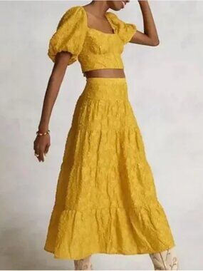 Spring Anthropologie Textured Yellow Floral Maxi Skirt Crop Top Set Size 6 NWT